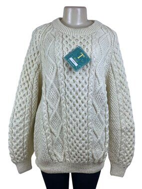 Tivoli Women’s Ivory Wool Hand-Knit Sweater Aran Cable-Knit Design Size L - New